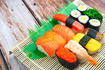 Japanese Traditional Food Sushi Set on the Wooden Table, Japan