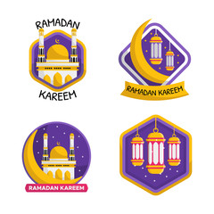 Set of Ramadan Kareem cartoon badges and labels in flat style. Mosque and lantern lamp vector illustration. Islamic vector sticker.