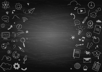 Education concept. Blackboard with educational elements hand-drawn. Doodle and Pop Art style. Vector illustration.