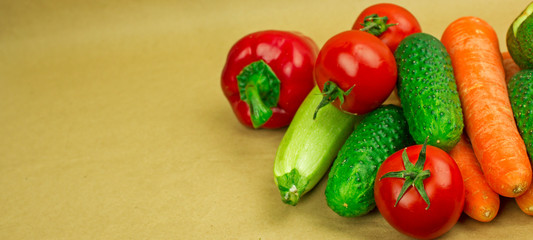 bright background with a set of fresh vegetables, the concept of a healthy diet, organic products, farming and harvest, place for text, top view