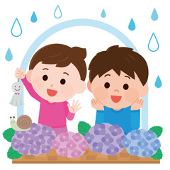梅雨　紫陽花　窓　子供　イラスト