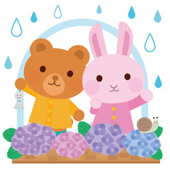 Naklejka premium 梅雨 紫陽花 窓 動物 イラスト