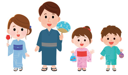 夏祭り　縁日で買い物する　親子　イラスト