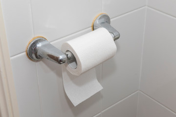 White toilet paper on a chrome hanger