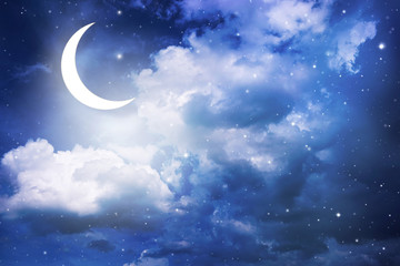 Fototapeta na wymiar Night sky and moon, stars,Ramadan Kareem celebration.
