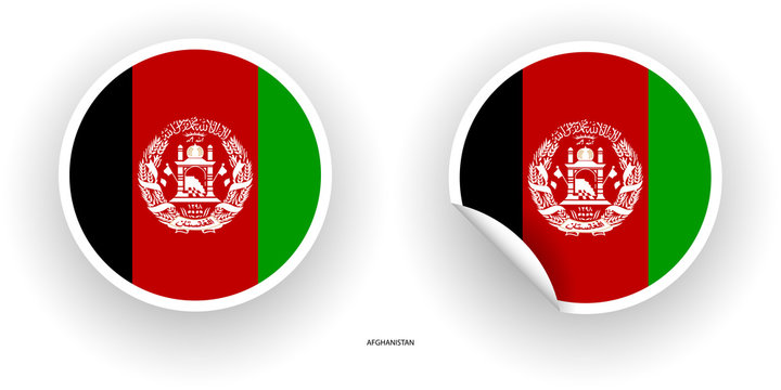 Afghanistan sticker flag in circular normal shape and peeled shape on white background gradient