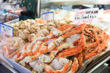 Fresh seafood display at Pike Place Public Market in Seattle. The place is an old continually operated public farmers' markets in the United States.