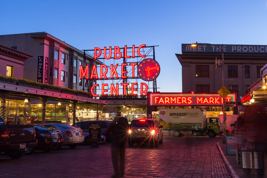Public Market Center at twilight. It is an old continually operated public farmers' markets in the United States, long exposure technic for car light trails.