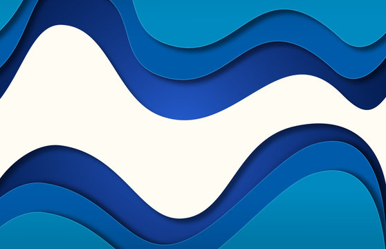 Abstract paper cut Background. Blue ocean wave with wavy layers.