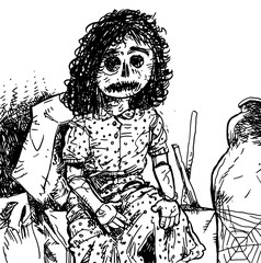 Horror a girl doll black and white illustration 