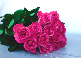 Beautiful fresh spring roses on a grey background
