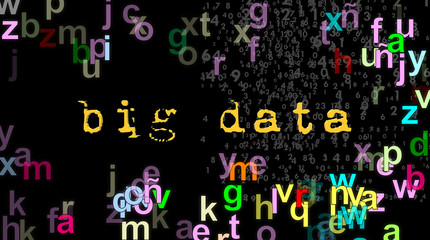 Modern poster design, big data in text, analysis, storage. 3d illustration with random numbers and letters standing out on the dark color. Graphic with strong colors. Vanguard, advance-guard.