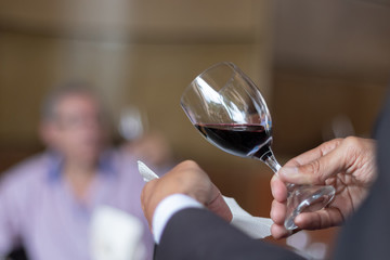 Detail of a person holding a glass of red wine