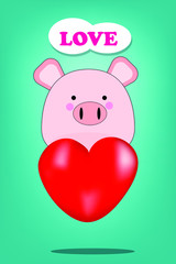 pig with heart on green background