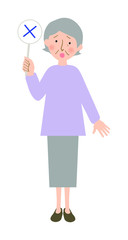 丸バツクイズのバツ印の札を持っているおばあちゃんの全身ベクターイラスト