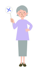 丸バツクイズのバツ印の札を持っているおばあちゃんの全身ベクターイラスト