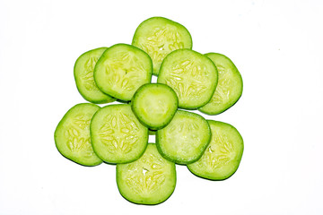 Fresh green cucumber slice on white background.