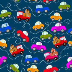 Multi-colored cars on a blue background, seamless pattern for printing on paper, textile.