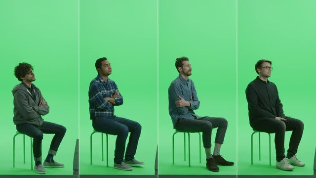 4-in-1 Green Screen Collage: Four Portraits of Handsome Men of Diverse Background, Ethnicity, Different Age Sitting on the Chroma Key Chair. Side View Split Screen. Multiple Clips Best Value Pack