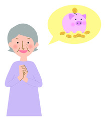豚の貯金箱と喜ぶおばあちゃんのベクターイラスト