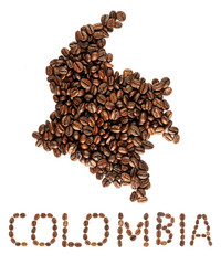Map of Colombia made of roasrd coffee beans isolated on white background. World of coffee conceptual image.