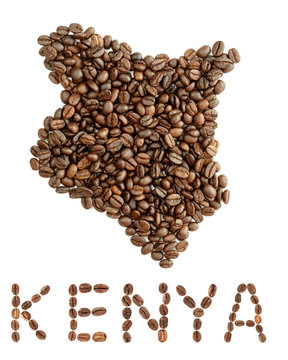 Map of Kenya made of roasrd coffee beans isolated on white background. World of coffee conceptual image.