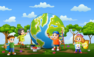 Obraz na płótnie Canvas Children fixing and painting the globe illustration