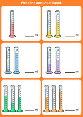 Write the amount of liquid. Measurement of Volume.