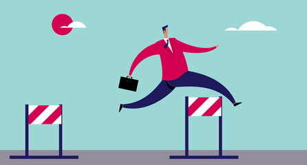 Business man jumping over barriers