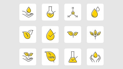 organic leaf line icons. Dermatologically tested, Paraben chemical formula icons.vector design