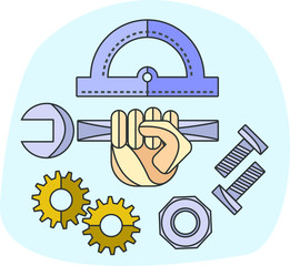 Fixing fix work tools instruments flat hand holding vector wrench kit simple minimalist cog cogwheel problem solving solution measure app profession outline line stroke 