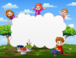 Obraz na płótnie Canvas Frame template with happy kids playing on nature