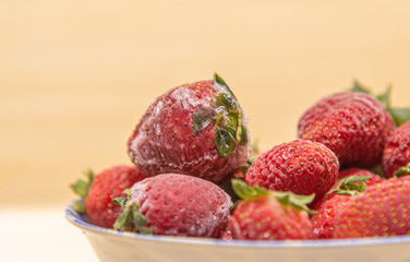 Close-up of frozen strawberries (Fragaria spp) on light background