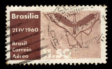 Brazil - circa 1960: a stamp printed in the Brazil shows bird- or airplane-like form of Brasilia,...