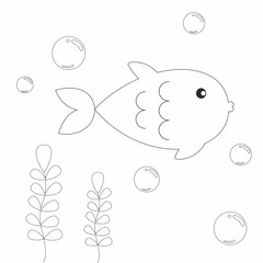 Children's coloring book fish and bubbles. Contour illustration for children. Marine life