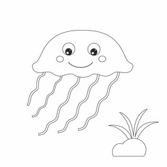 Children's coloring book jellyfish and seaweed. Contour illustration for children. Marine life