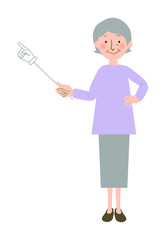 指差し棒で真ん中の方を指し示すおばあちゃんの全身ベクターイラスト