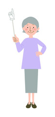 指差し棒で上の方を指し示すおばあちゃんの全身ベクターイラスト