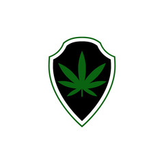 Shield and marijuana or cannabis leaf icon isolated on white background