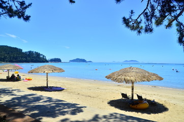 beach with straw parasol