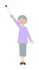 指示棒で高い位置を指し示すおばあちゃんの全身ベクターイラスト