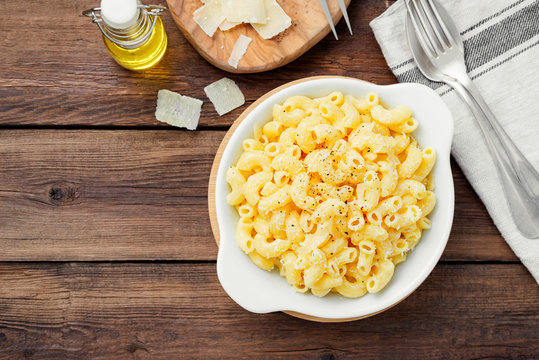 Mac And Cheese, American Style Macaroni Pasta With Cheese Sauce. Top View