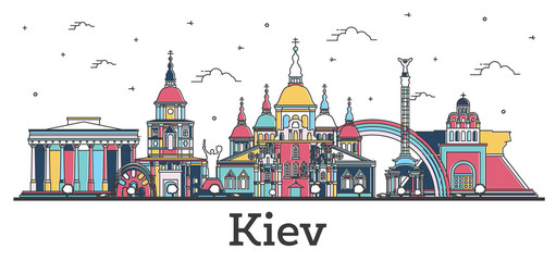 Obraz premium Outline Kiev Ukraine City Skyline with Color Buildings Isolated on White.