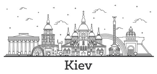 Outline Kiev Ukraine City Skyline with Historic Buildings Isolated on White.