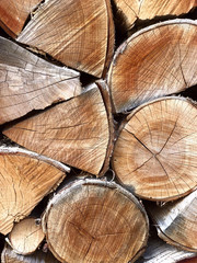 Wooden background. Side view of a pile of firewood. Texture of wood slices. Textured brown background. Vertical, nobody, free space, close-up.