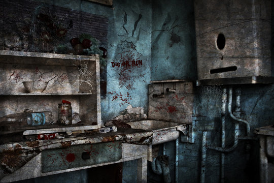 A kitchen in which no one is in an abandoned house
