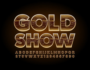 Vector elite poster Gold Show with Luxury Scratched Font. Premium Alphabet Letters and Numbers