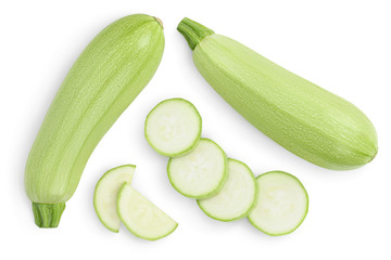 zucchini or marrow isolated on white background with clipping path and full depth of field. Top view. Flat lay