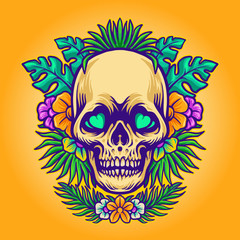 Skull summer  and exotic tropical flowers