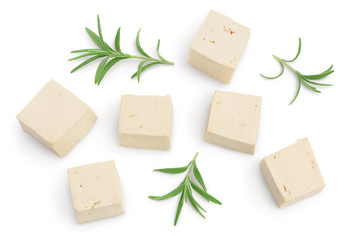 diced tofu cheese isolated on white background with clipping path and full depth of field, Top view. Flat lay